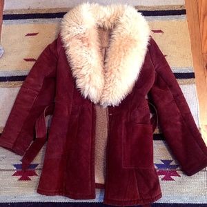 Vintage 70s faux fur collar suede coat